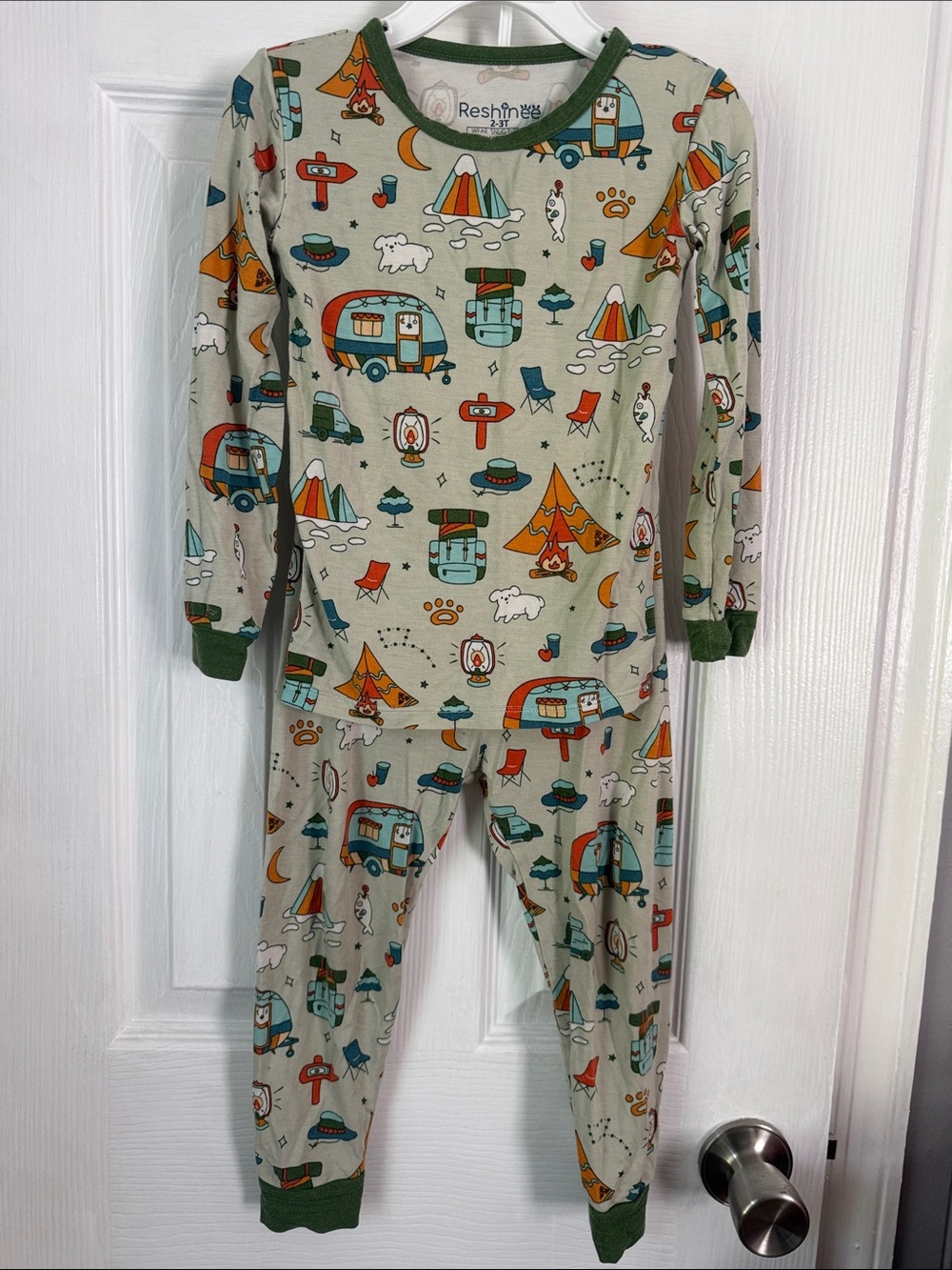 Kids Camping Pajama Set in Cream with Green Trim